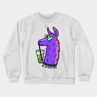 funky purple llamma wearing tessels and heartshaped sunglasses, drinking matcha bubble tea cute gift Crewneck Sweatshirt